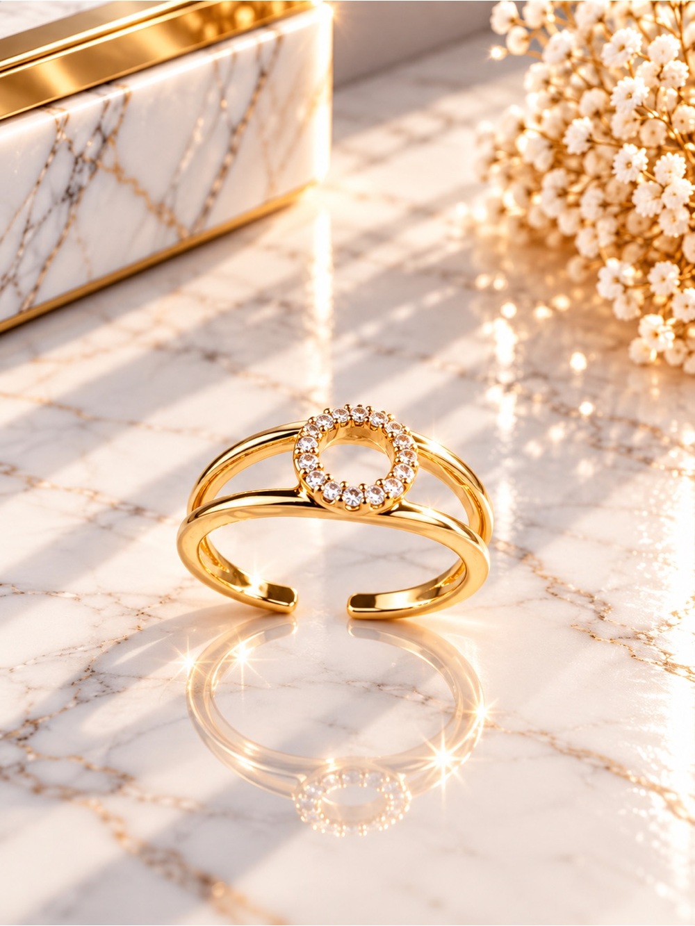 Gold Filled Adjustable Crystal Circle Open Ring - Women Jewelry